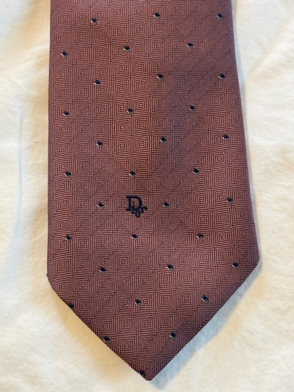 Dior VTG Men's Burgundy Tie with Navy Dot Motif